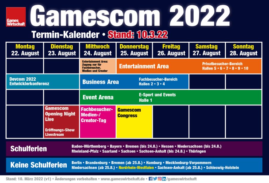 The preliminary schedule for Gamescom 2022 (as of March 23, 2022 - subject to change)