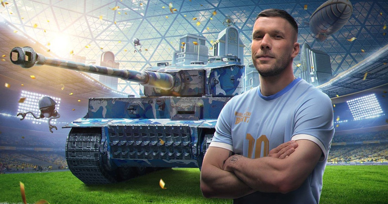 Prominente Testimonials wie Weltmeister Lukas Podolski werben für World of Tanks Blitz (Abbildung: Wargaming Europe)